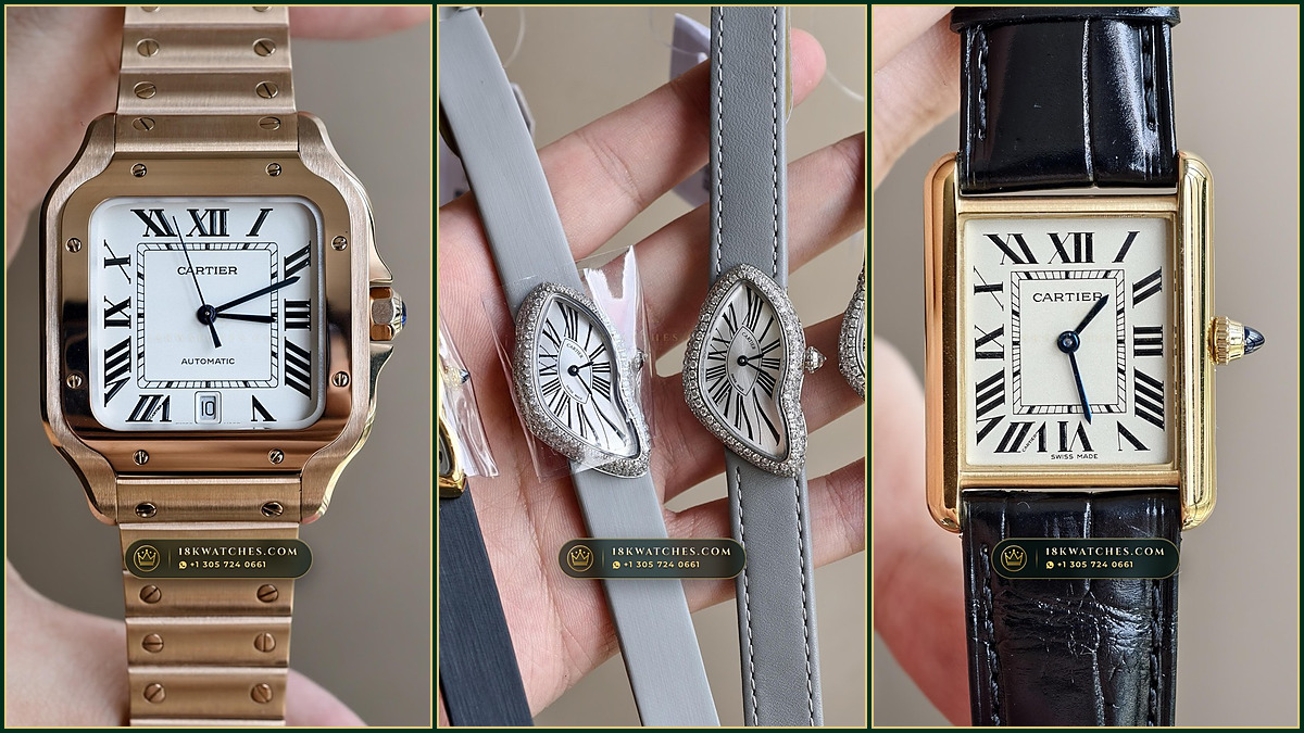 Solid 18K yellow gold Cartier Santos square watch with exposed bezel screws next to a sculpted 18K gold Cartier Crash watch