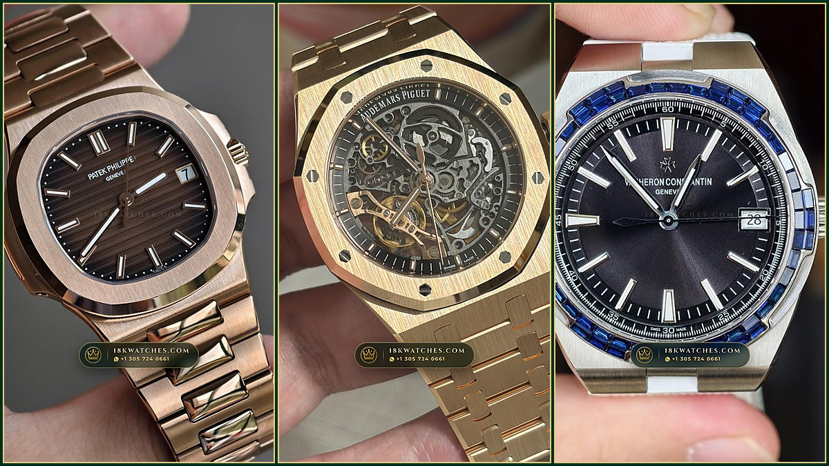 Three solid 18K rose gold integrated-bracelet luxury watches: Patek Philippe Nautilus, Audemars Piguet Royal Oak, and Vacheron Constantin Overseas