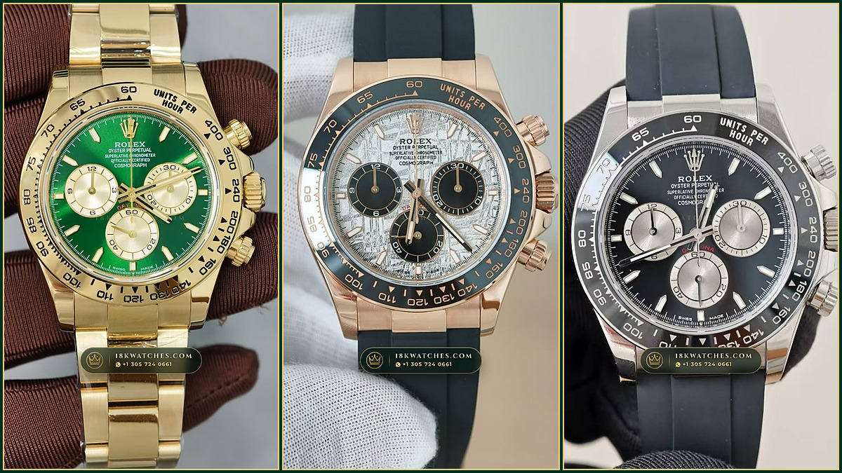 Side-by-side comparison of a full solid 18K yellow gold bracelet Rolex Daytona and an Oysterflex 18K yellow gold Daytona with ceramic bezel
