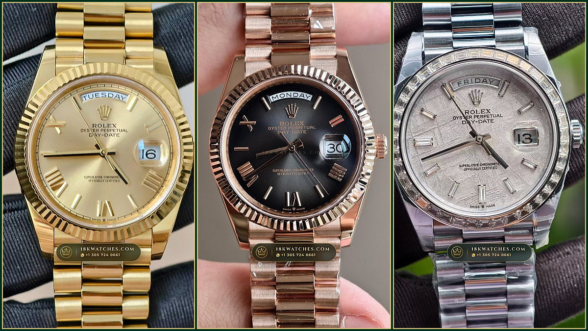 Dual studio portrait of solid 18K Everose and yellow gold Rolex Day-Date 40 watches with fluted bezels and President bracelets