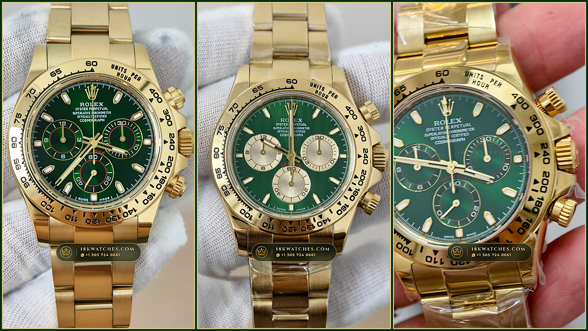Side-by-side comparison of solid 18K yellow gold Rolex Daytona 116508 and 126508 emerald green dial watches on green velvet