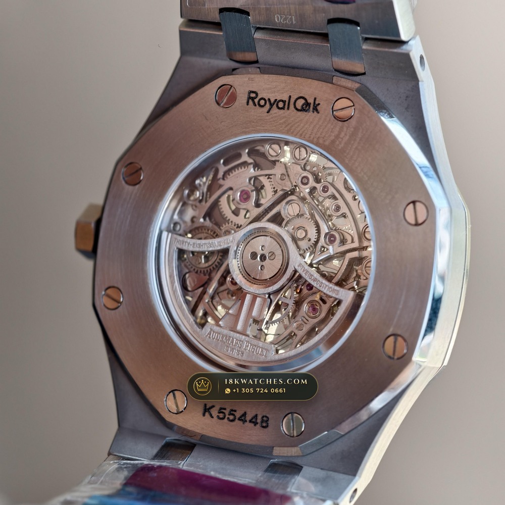 Audemars Piguet Royal Oak Double Balance Wheel Openworked 41mm Baguette Blue Topaz Bezel 18K White Gold Ref. 15412BC.TO.1220BC.01 — Studio Gallery Plate XI in 18K White Gold Au750 (224.8g Verified Mass, Audemars Piguet Cal. 3132 Dual-Balance Openworked)