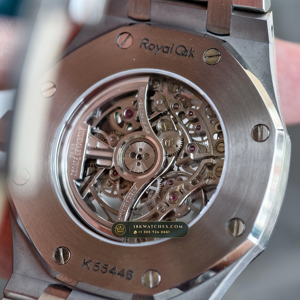 Audemars Piguet Royal Oak Double Balance Wheel Openworked 41mm Baguette Blue Topaz Bezel 18K White Gold Ref. 15412BC.TO.1220BC.01 — Studio Gallery Plate XII in 18K White Gold Au750 (224.8g Verified Mass, Audemars Piguet Cal. 3132 Dual-Balance Openworked)