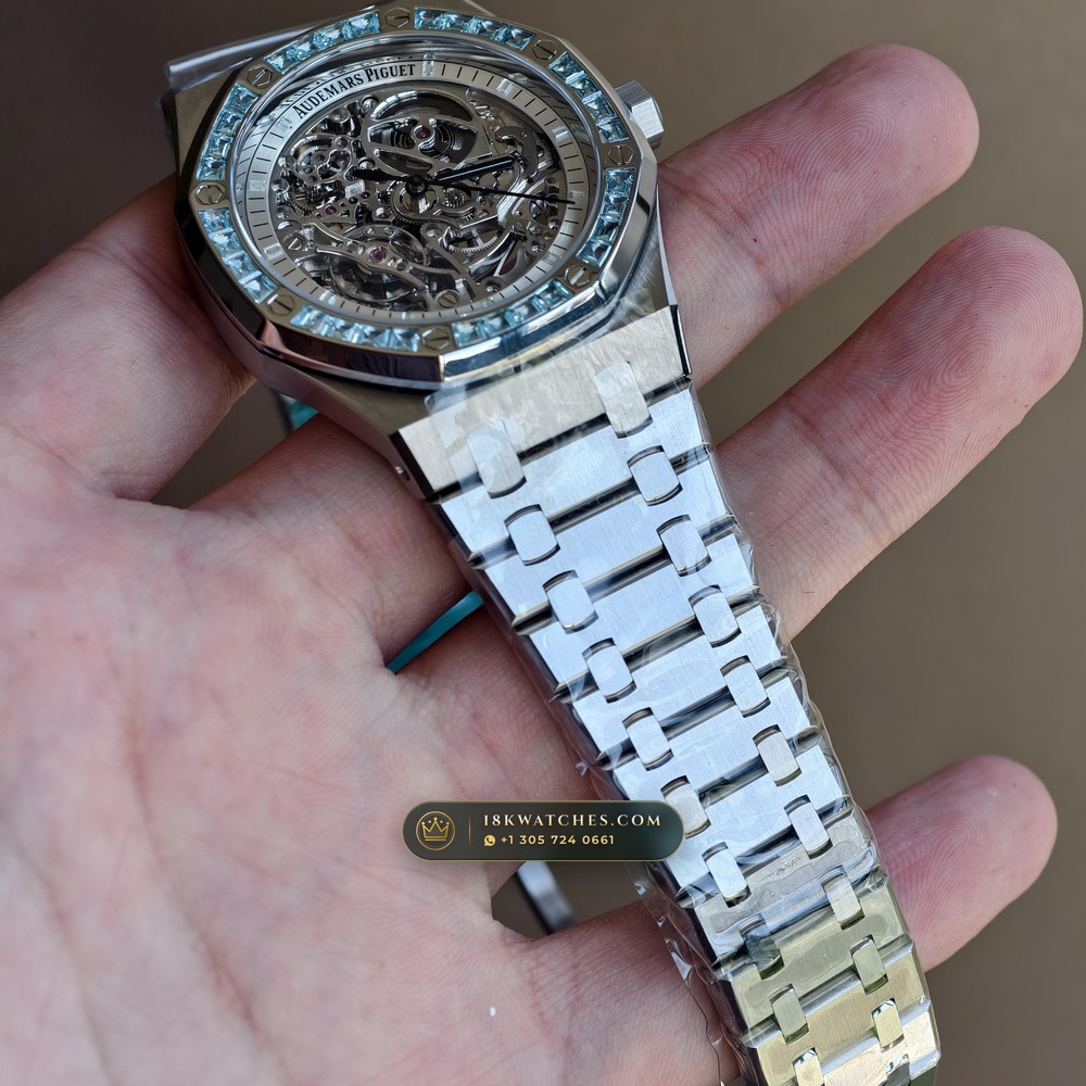 Audemars Piguet Royal Oak Double Balance Wheel Openworked 41mm Baguette Blue Topaz Bezel 18K White Gold Ref. 15412BC.TO.1220BC.01 — Studio Gallery Plate XIV in 18K White Gold Au750 (224.8g Verified Mass, Audemars Piguet Cal. 3132 Dual-Balance Openworked)