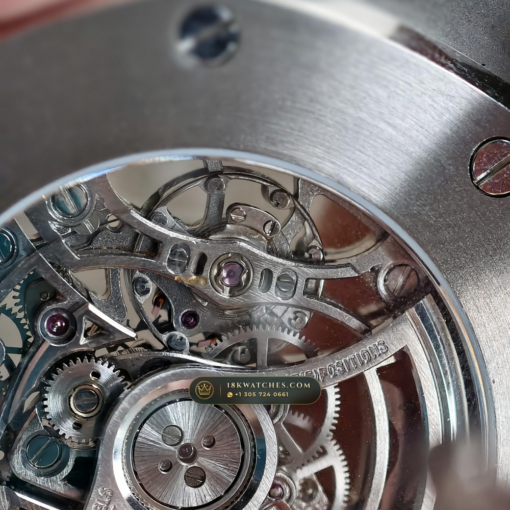 Audemars Piguet Royal Oak Double Balance Wheel Openworked 41mm Baguette Blue Topaz Bezel 18K White Gold Ref. 15412BC.TO.1220BC.01 — Studio Angle 18 in 18K White Gold Au750 (224.8g Verified Mass, Audemars Piguet Cal. 3132 Dual-Balance Openworked)