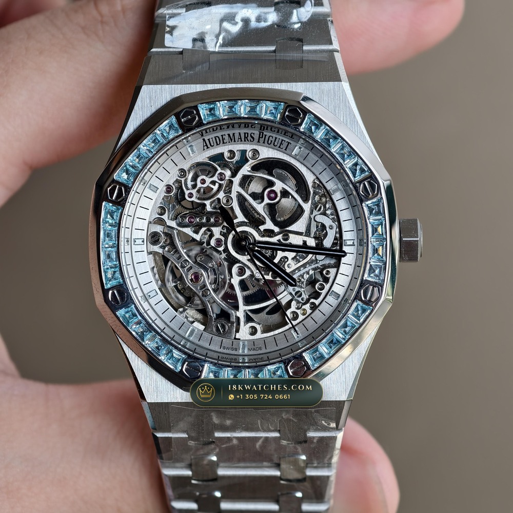 Audemars Piguet Royal Oak Double Balance Wheel Openworked 41mm Baguette Blue Topaz Bezel 18K White Gold Ref. 15412BC.TO.1220BC.01