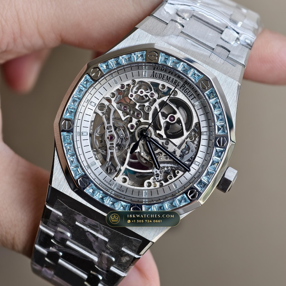 Audemars Piguet Royal Oak Double Balance Wheel Openworked 41mm Baguette Blue Topaz Bezel 18K White Gold Ref. 15412BC.TO.1220BC.01 — Studio Gallery Plate II in 18K White Gold Au750 (224.8g Verified Mass, Audemars Piguet Cal. 3132 Dual-Balance Openworked)