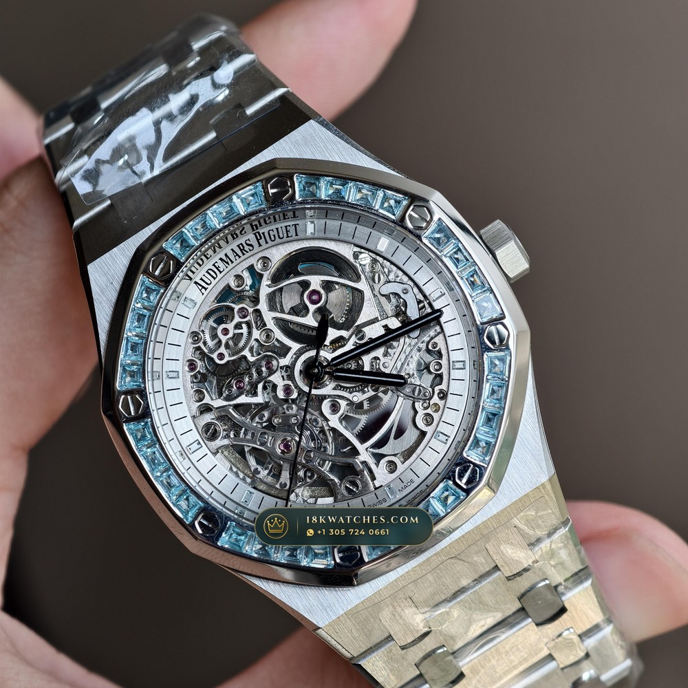 Audemars Piguet Royal Oak Double Balance Wheel Openworked 41mm Baguette Blue Topaz Bezel 18K White Gold Ref. 15412BC.TO.1220BC.01 — Studio Gallery Plate III in 18K White Gold Au750 (224.8g Verified Mass, Audemars Piguet Cal. 3132 Dual-Balance Openworked)