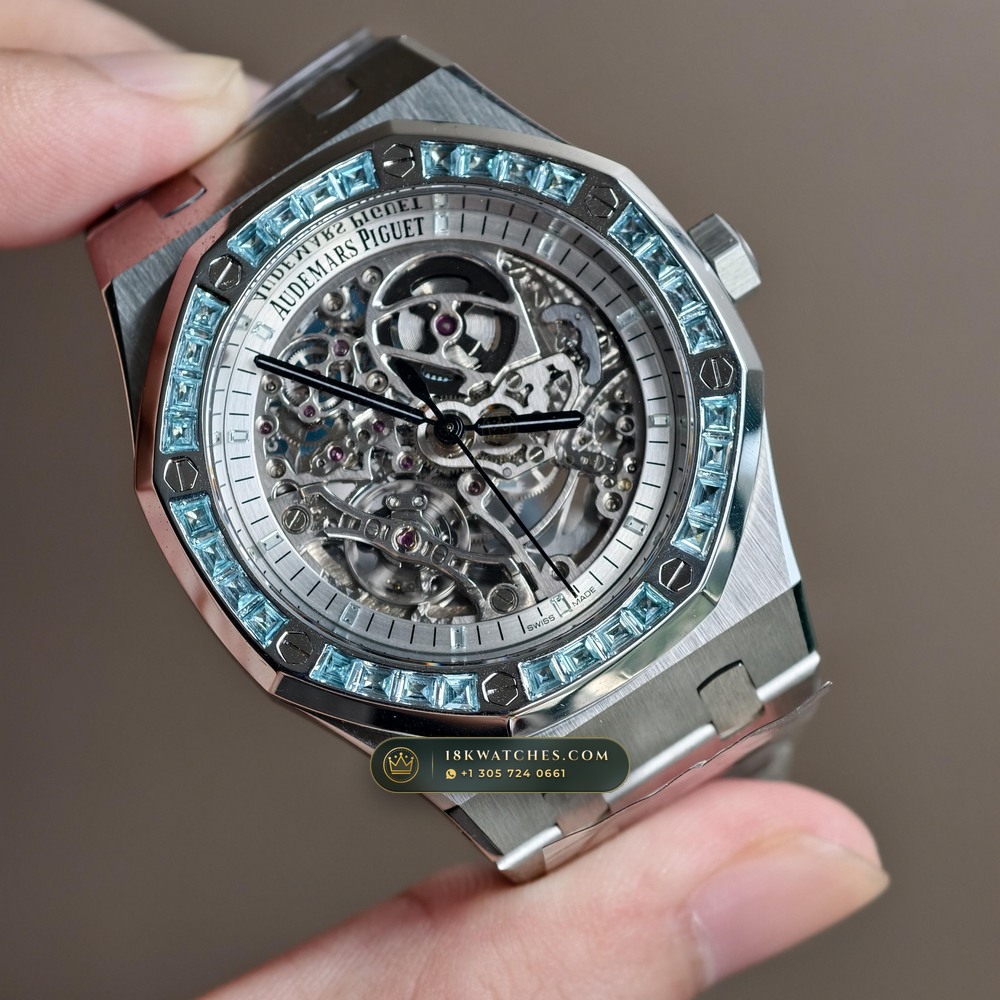 Audemars Piguet Royal Oak Double Balance Wheel Openworked 41mm Baguette Blue Topaz Bezel 18K White Gold Ref. 15412BC.TO.1220BC.01 — Studio Gallery Plate V in 18K White Gold Au750 (224.8g Verified Mass, Audemars Piguet Cal. 3132 Dual-Balance Openworked)