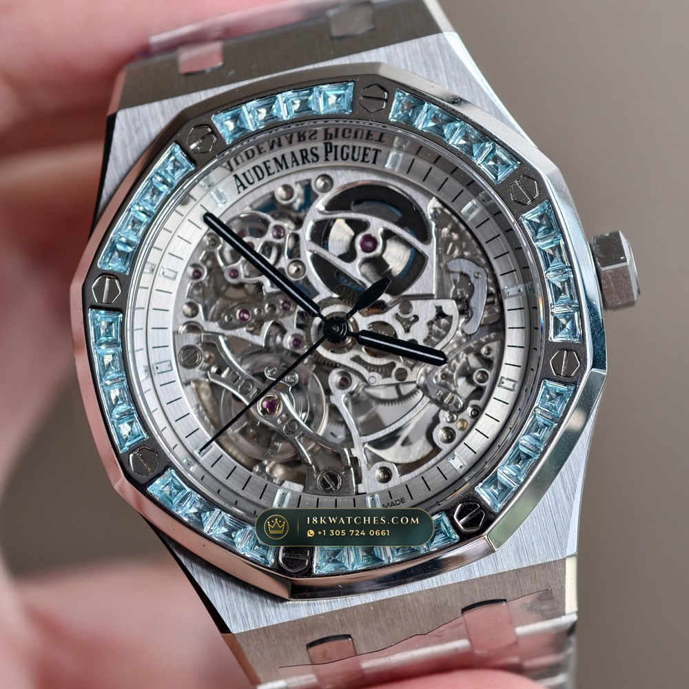 Audemars Piguet Royal Oak Double Balance Wheel Openworked 41mm Baguette Blue Topaz Bezel 18K White Gold Ref. 15412BC.TO.1220BC.01 — Studio Gallery Plate VI in 18K White Gold Au750 (224.8g Verified Mass, Audemars Piguet Cal. 3132 Dual-Balance Openworked)