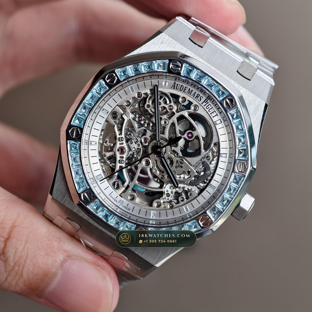 Audemars Piguet Royal Oak Double Balance Wheel Openworked 41mm Baguette Blue Topaz Bezel 18K White Gold Ref. 15412BC.TO.1220BC.01 — Studio Gallery Plate VIII in 18K White Gold Au750 (224.8g Verified Mass, Audemars Piguet Cal. 3132 Dual-Balance Openworked)