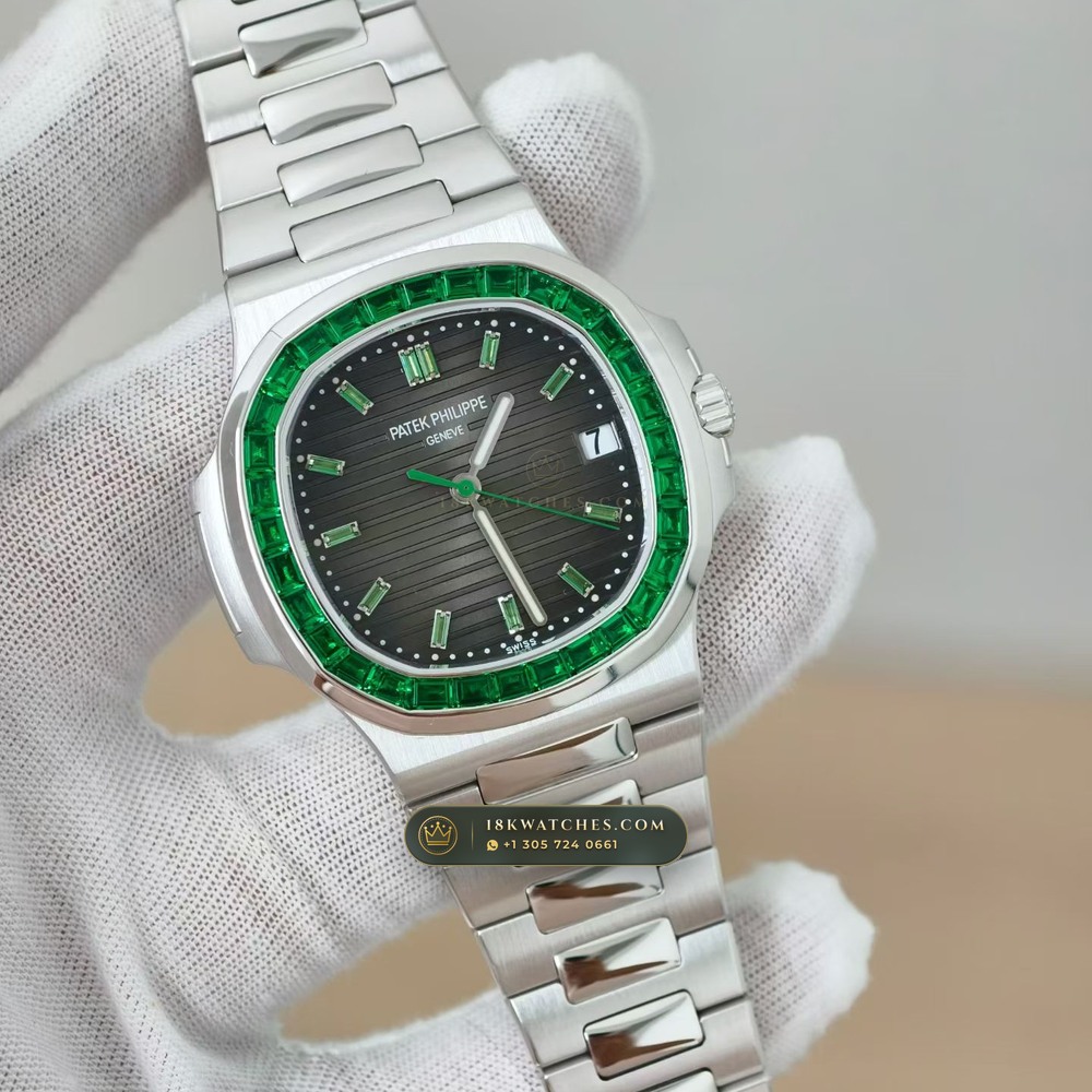 Patek Philippe Nautilus Self-Winding Baguette Emerald Bezel 950 Platinum Ref. 5711/113P-001 — Studio Gallery Plate II in 950 Platinum Pt950 (245.4g Verified Mass, Patek Philippe Cal. 26-330 S C / Cal. 324 S C - 21K Gold Rotor)