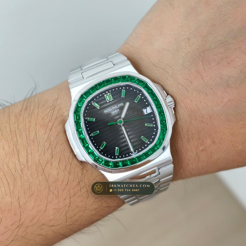 Patek Philippe Nautilus Self-Winding Baguette Emerald Bezel 950 Platinum Ref. 5711/113P-001 — Studio Gallery Plate VIII in 950 Platinum Pt950 (245.4g Verified Mass, Patek Philippe Cal. 26-330 S C / Cal. 324 S C - 21K Gold Rotor)