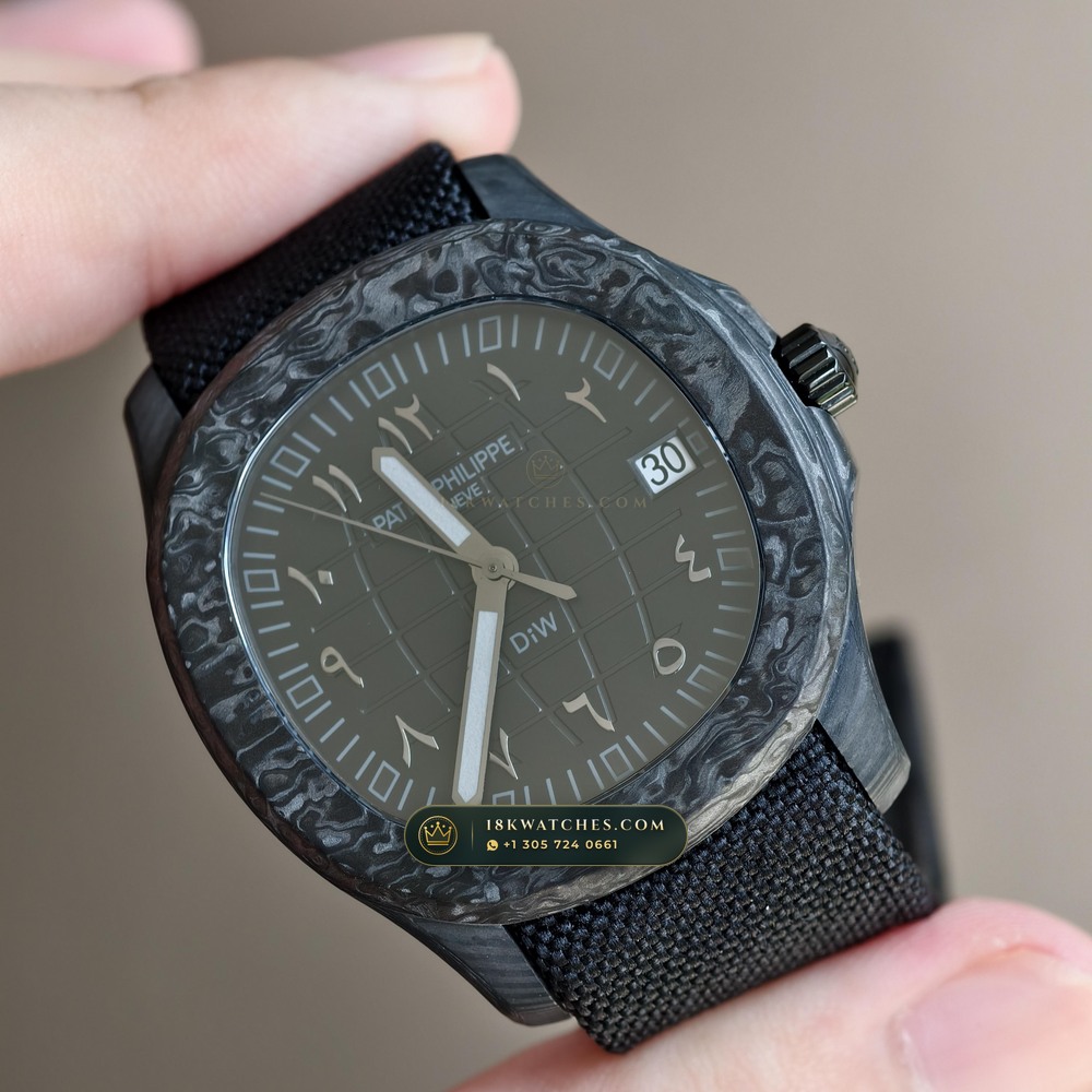 Patek Philippe Aquanaut 40.8mm Bespoke Forged Carbon Ref. 5167A-001 — Studio Gallery Plate II in Forged Carbon TPT & Titanium (64.3g Verified Mass, Patek Philippe Cal. 324 S C - 21K Gold Rotor)
