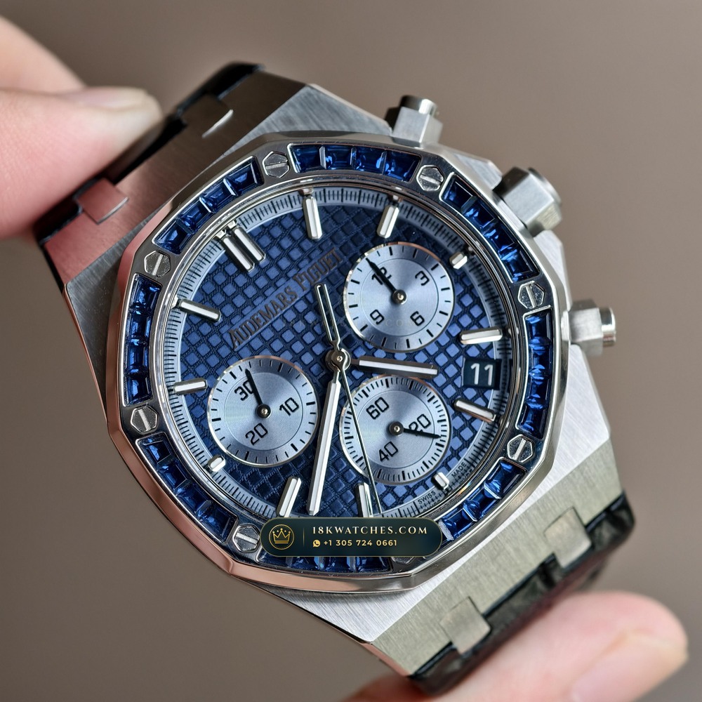Audemars Piguet Royal Oak Selfwinding Chronograph 41mm Diamond-Set Bezel 18K White Gold Ref. 26240BC.SS.1320BC.01 — Studio Gallery Plate II in 18K White Gold Au750 (158.7g Verified Mass, Audemars Piguet Cal. 4401 Flyback Chronograph)