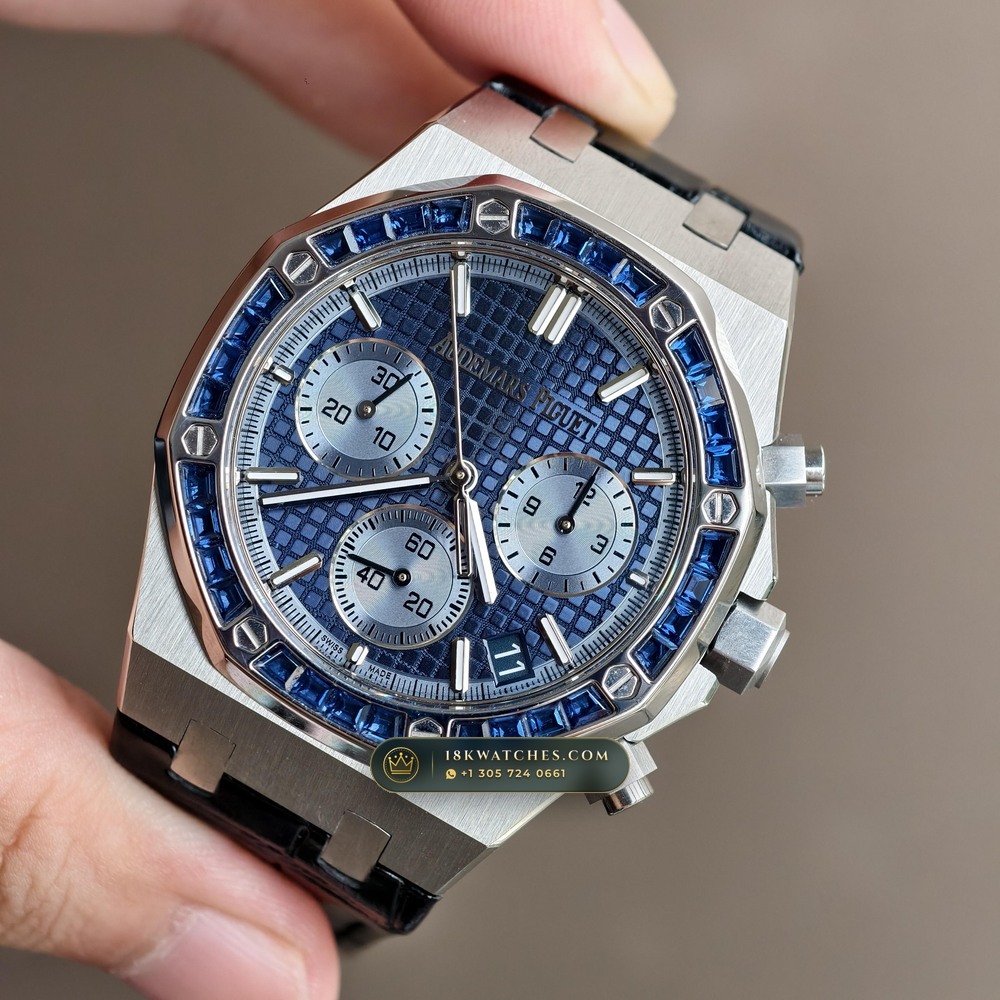 Audemars Piguet Royal Oak Selfwinding Chronograph 41mm Diamond-Set Bezel 18K White Gold Ref. 26240BC.SS.1320BC.01 — Studio Gallery Plate III in 18K White Gold Au750 (158.7g Verified Mass, Audemars Piguet Cal. 4401 Flyback Chronograph)