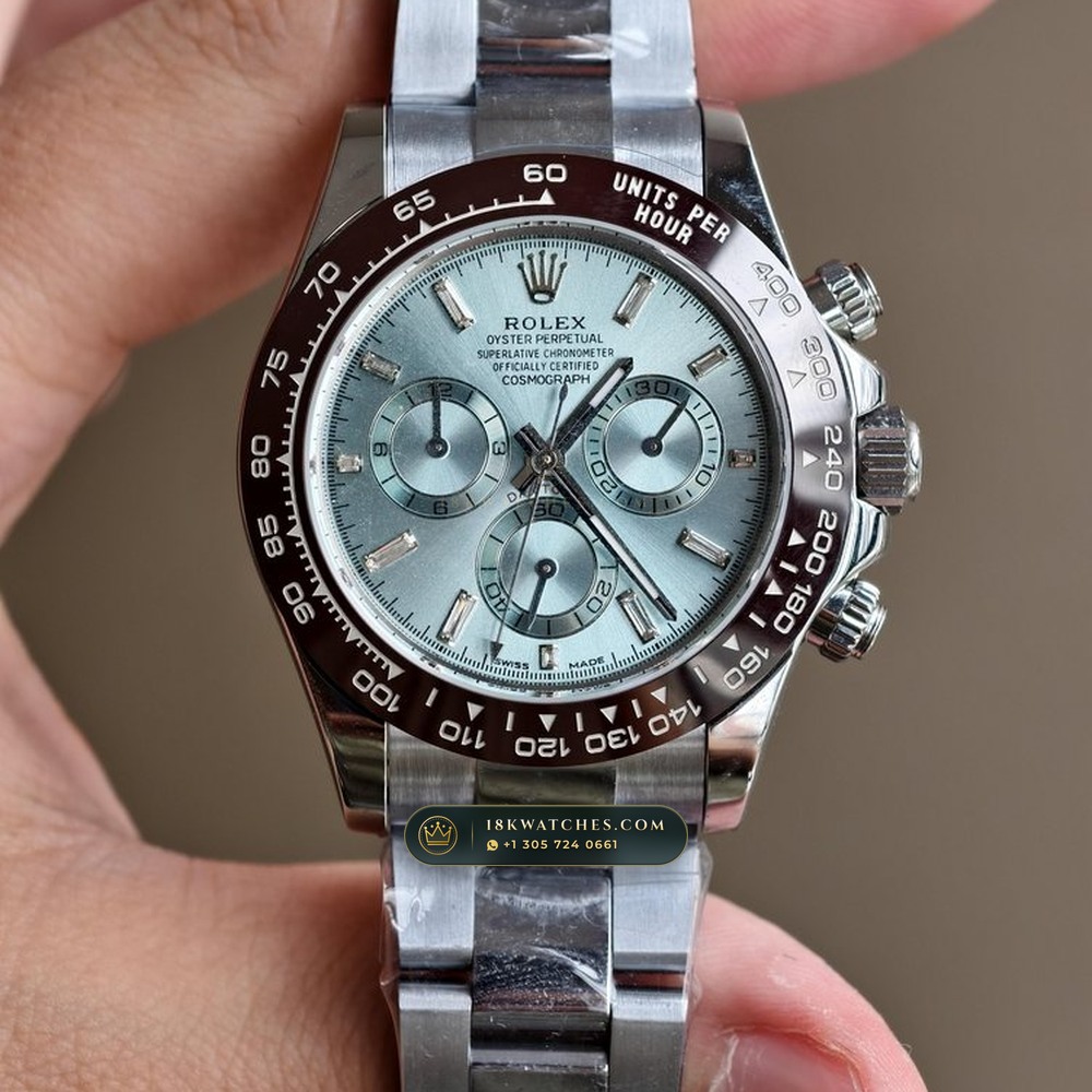 Rolex Cosmograph Daytona Platona Ice-Blue Baguette Diamond Dial 950 Platinum Ref. 116506