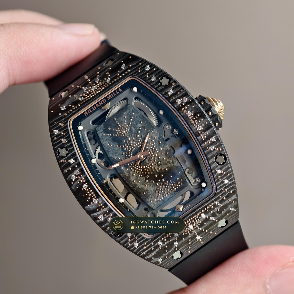 Richard Mille RM 07-01 Automatic Tonneau Dark Night Carbon TPT & Gold Leaf — Studio Gallery Plate II in Carbon TPT & Grade 5 Titanium (58.1g Verified Mass, Richard Mille Cal. CRMA2 Variable-Geometry Rotor)