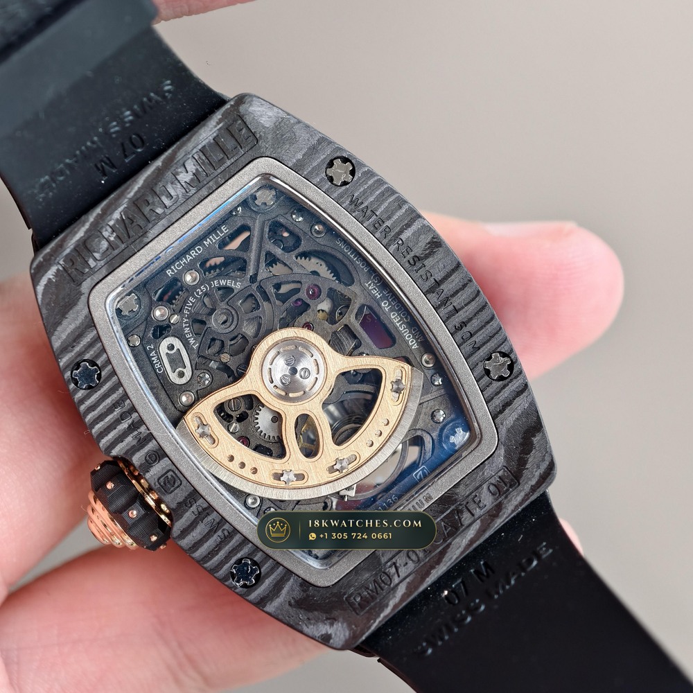Richard Mille RM 07-01 Automatic Tonneau Dark Night Carbon TPT & Gold Leaf — Studio Gallery Plate VI in Carbon TPT & Grade 5 Titanium (58.1g Verified Mass, Richard Mille Cal. CRMA2 Variable-Geometry Rotor)