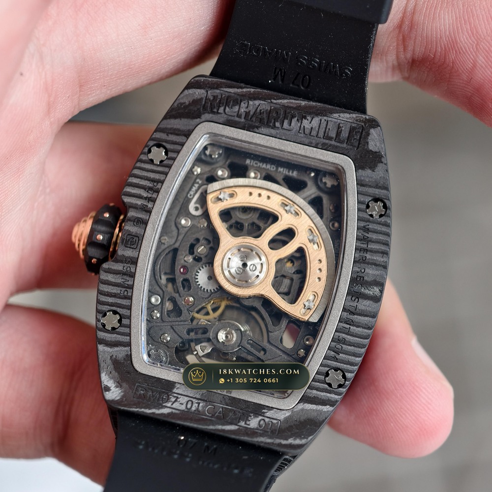 Richard Mille RM 07-01 Automatic Tonneau Dark Night Carbon TPT & Gold Leaf — Studio Gallery Plate VII in Carbon TPT & Grade 5 Titanium (58.1g Verified Mass, Richard Mille Cal. CRMA2 Variable-Geometry Rotor)