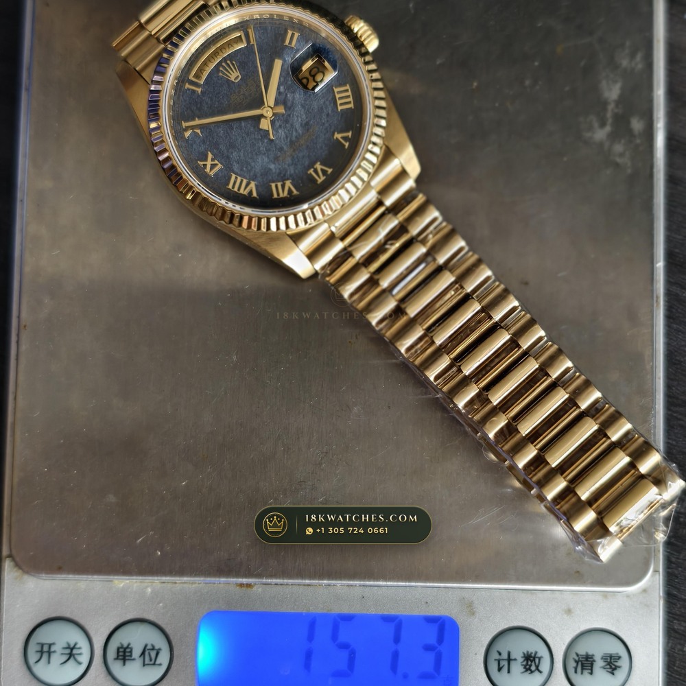 Rolex Day-Date 36 Natural Ferrite Stone Dial 18K Yellow Gold Ref. 18238 — Studio Gallery Plate X in 18K Yellow Gold Au750 (141.5g Verified Mass, Rolex Manufacture Cal. 3155)