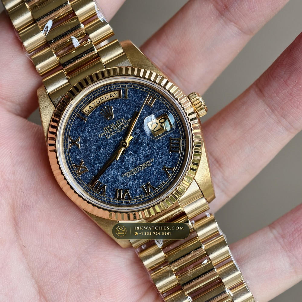 Rolex Day-Date 36 Natural Ferrite Stone Dial 18K Yellow Gold Ref. 18238 — Studio Gallery Plate II in 18K Yellow Gold Au750 (141.5g Verified Mass, Rolex Manufacture Cal. 3155)