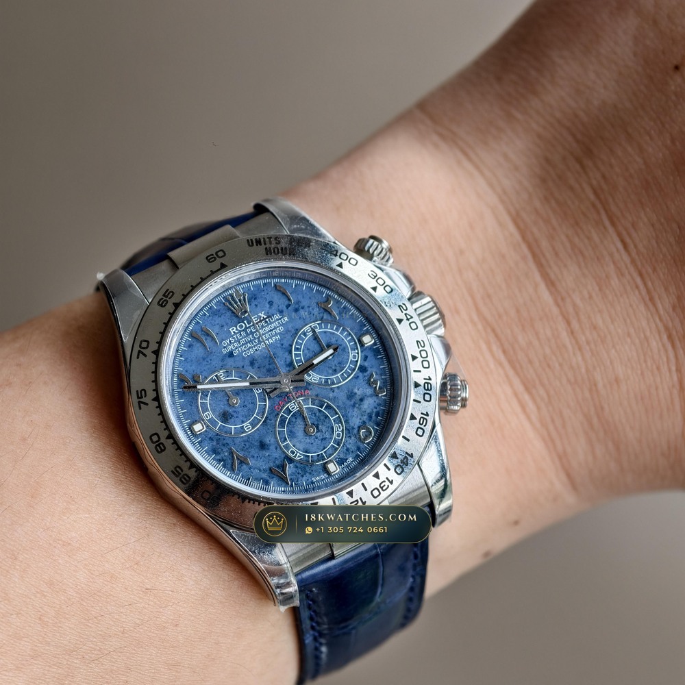Rolex Cosmograph Daytona Blue Sodalite Stone Dial 18K White Gold Ref. 116589SACI — Studio Gallery Plate X in 18K White Gold Au750 (153.2g Verified Mass, Rolex Manufacture Cal. 4130 - 72h Power Reserve)