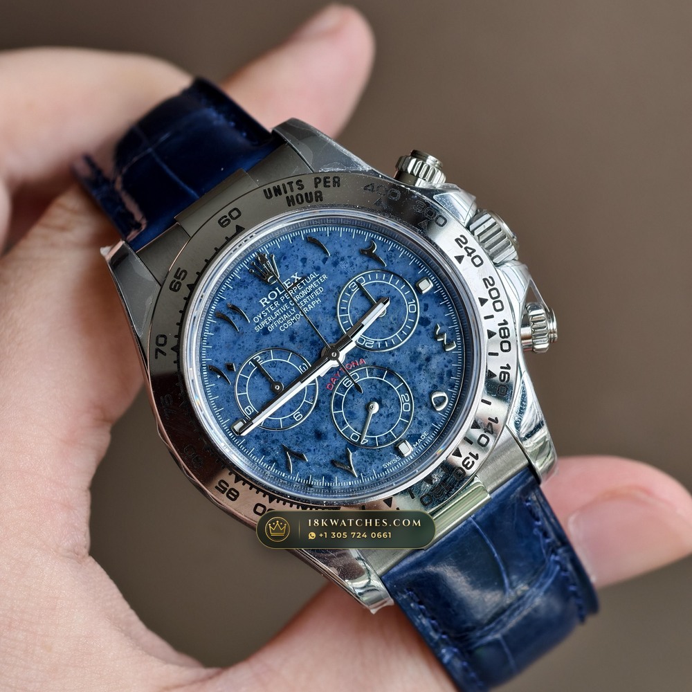 Rolex Cosmograph Daytona Blue Sodalite Stone Dial 18K White Gold Ref. 116589SACI — Studio Gallery Plate II in 18K White Gold Au750 (153.2g Verified Mass, Rolex Manufacture Cal. 4130 - 72h Power Reserve)