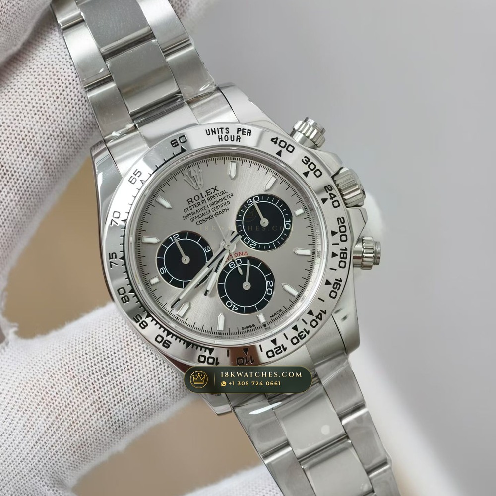 Rolex Cosmograph Daytona 18K White Gold Geneva Atelier Spec Ref. 126509 — Studio Gallery Plate IV in 18K White Gold Au750 (216.2g Verified Mass, Rolex Manufacture Cal. 4131 - 72h Power Reserve)