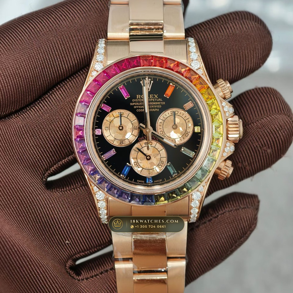 Rolex Cosmograph Daytona Rainbow Sapphire Bezel 18K Everose Gold Deep Crystal Optics Ref. 116595RBOW