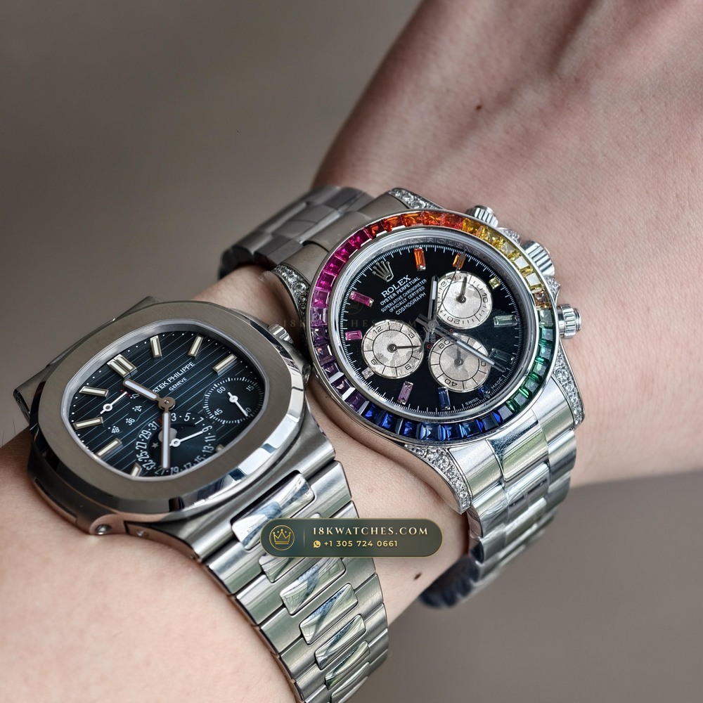 Rolex Cosmograph Daytona Rainbow Sapphire Bezel Diamond-Set Bezel 18K White Gold Ref. 126599RBOW — Studio Gallery Plate X in 18K White Gold Au750 (216.3g Verified Mass, Rolex Manufacture Cal. 4131 - 72h Power Reserve)