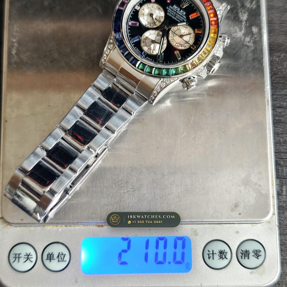 Rolex Cosmograph Daytona Rainbow Sapphire Bezel Diamond-Set Bezel 18K White Gold Ref. 126599RBOW — Studio Gallery Plate XI in 18K White Gold Au750 (216.3g Verified Mass, Rolex Manufacture Cal. 4131 - 72h Power Reserve)