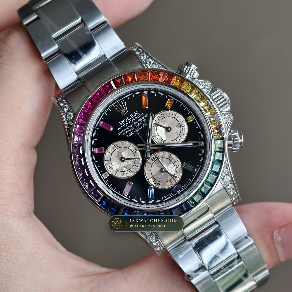 Rolex Cosmograph Daytona Rainbow Sapphire Bezel Diamond-Set Bezel 18K White Gold Ref. 126599RBOW — Studio Gallery Plate II in 18K White Gold Au750 (216.3g Verified Mass, Rolex Manufacture Cal. 4131 - 72h Power Reserve)