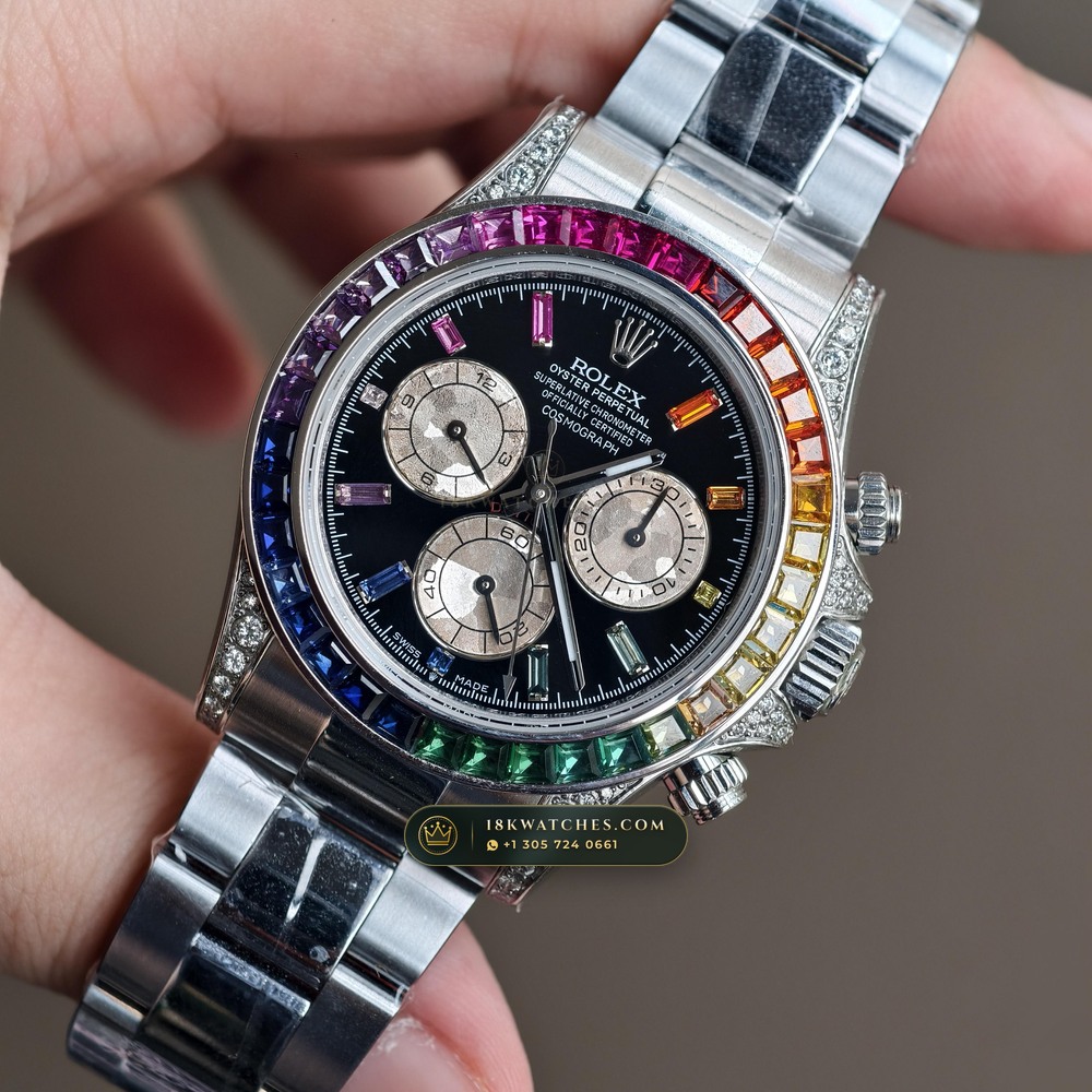 Rolex Cosmograph Daytona Rainbow Sapphire Bezel Diamond-Set Bezel 18K White Gold Ref. 126599RBOW — Studio Gallery Plate III in 18K White Gold Au750 (216.3g Verified Mass, Rolex Manufacture Cal. 4131 - 72h Power Reserve)