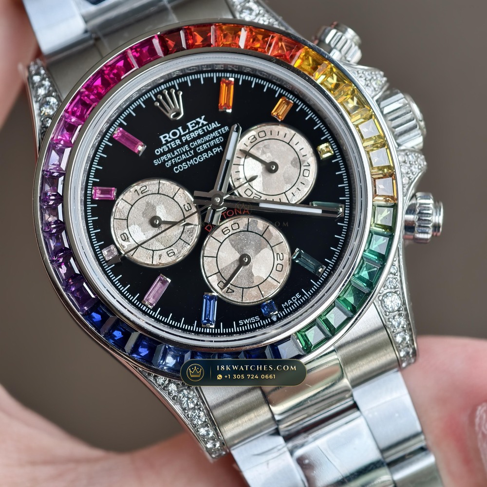 Rolex Cosmograph Daytona Rainbow Sapphire Bezel Diamond-Set Bezel 18K White Gold Ref. 126599RBOW — Studio Gallery Plate IV in 18K White Gold Au750 (216.3g Verified Mass, Rolex Manufacture Cal. 4131 - 72h Power Reserve)