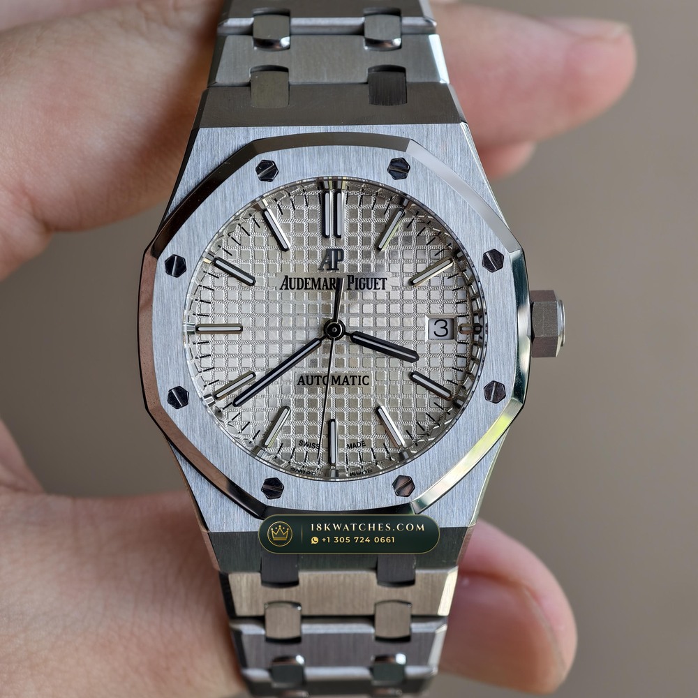 Audemars Piguet Royal Oak Selfwinding 37mm Sunburst Rhodium / Slate Grey Dial Ref. 15450ST — Studio Gallery Plate II in 904L Stainless Steel Custom Architecture (132.2g Verified Mass, Audemars Piguet Cal. 3120 / Cal. 5900)