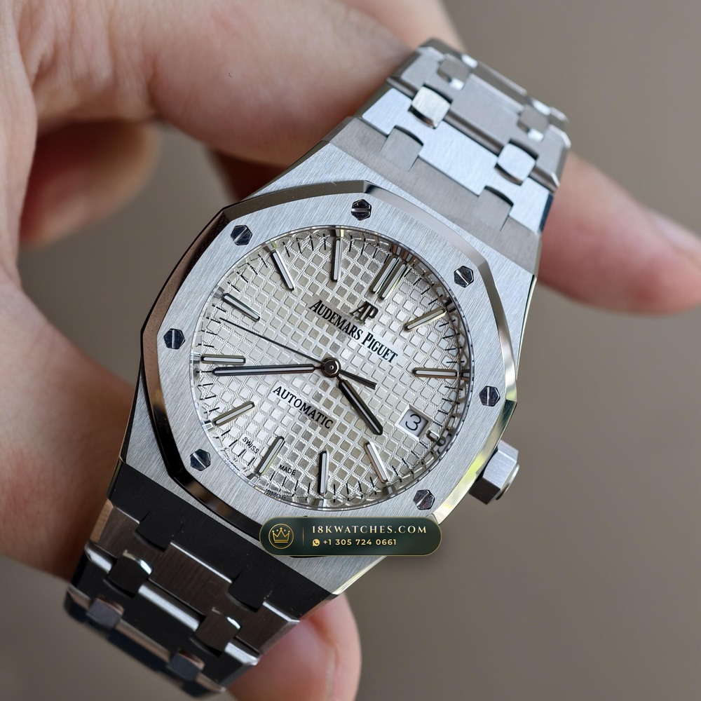 Audemars Piguet Royal Oak Selfwinding 37mm Sunburst Rhodium / Slate Grey Dial Ref. 15450ST — Studio Gallery Plate IV in 904L Stainless Steel Custom Architecture (132.2g Verified Mass, Audemars Piguet Cal. 3120 / Cal. 5900)