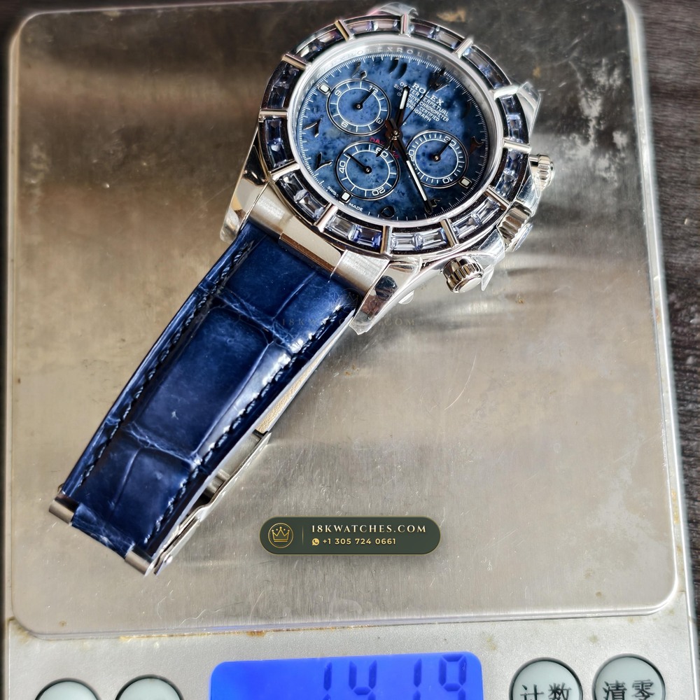 Rolex Cosmograph Daytona Blue Sodalite Stone Dial Diamond-Set Bezel 18K White Gold Ref. 116589SACI — Studio Gallery Plate XII in 18K White Gold Au750 (153.8g Verified Mass, Rolex Manufacture Cal. 4130 - 72h Power Reserve)