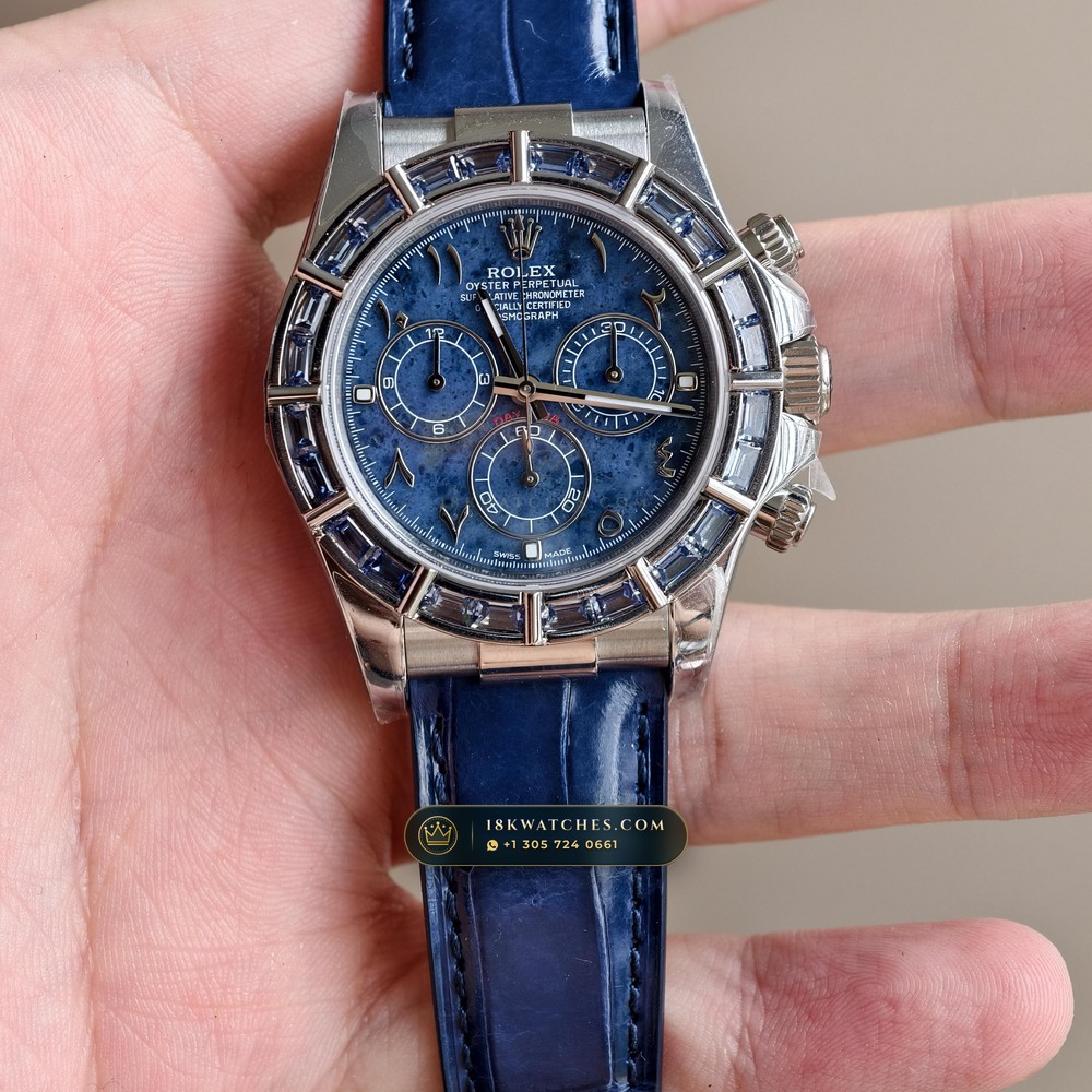 Rolex Cosmograph Daytona Blue Sodalite Stone Dial Diamond-Set Bezel 18K White Gold Ref. 116589SACI — Studio Gallery Plate IV in 18K White Gold Au750 (153.8g Verified Mass, Rolex Manufacture Cal. 4130 - 72h Power Reserve)