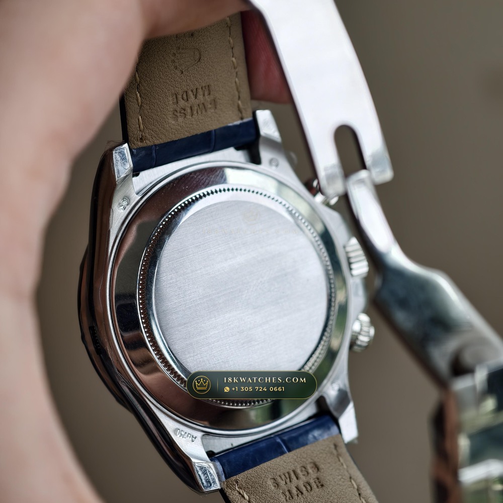 Rolex Cosmograph Daytona Blue Sodalite Stone Dial Diamond-Set Bezel 18K White Gold Ref. 116589SACI — Studio Gallery Plate IX in 18K White Gold Au750 (153.8g Verified Mass, Rolex Manufacture Cal. 4130 - 72h Power Reserve)