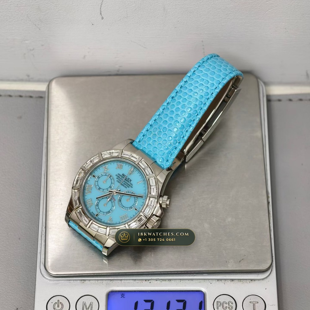 Rolex Cosmograph Daytona Natural Turquoise Dial 18K White Gold Ref. 116589BR — Studio Gallery Plate IX in 18K White Gold Au750 (160.7g Verified Mass, Rolex Manufacture Cal. 4130 - 72h Power Reserve)