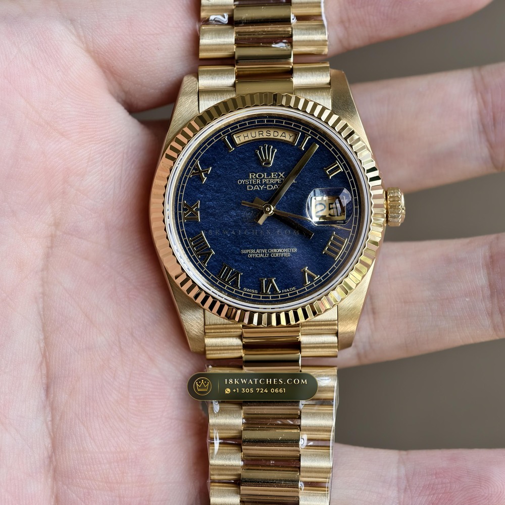 Rolex Day-Date 36 Natural Ferrite Stone Dial 18K Yellow Gold Deep Crystal Optics Ref. 18238