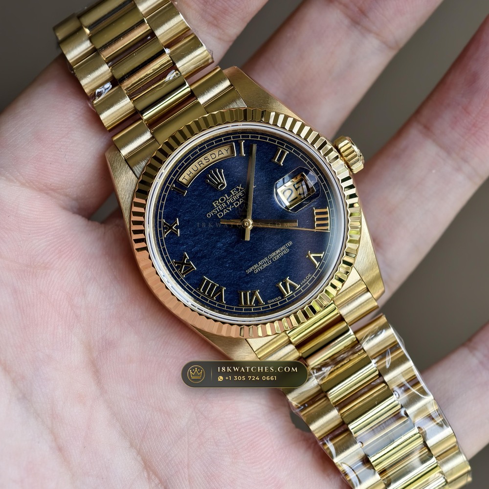 Rolex Day-Date 36 Natural Ferrite Stone Dial 18K Yellow Gold Deep Crystal Optics Ref. 18238 — Studio Gallery Plate II in 18K Yellow Gold Au750 (141.8g Verified Mass, Rolex Manufacture Cal. 3155)