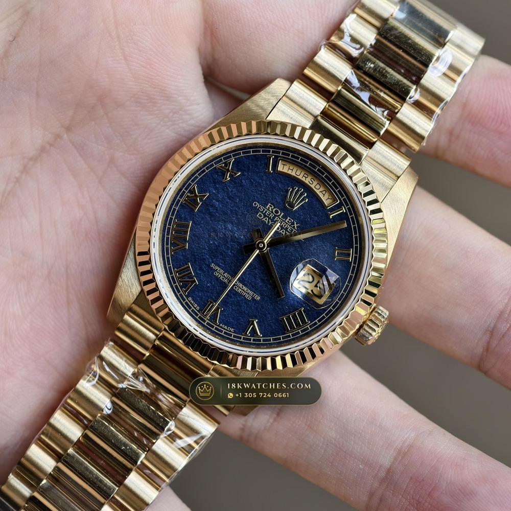 Rolex Day-Date 36 Natural Ferrite Stone Dial 18K Yellow Gold Deep Crystal Optics Ref. 18238 — Studio Gallery Plate III in 18K Yellow Gold Au750 (141.8g Verified Mass, Rolex Manufacture Cal. 3155)
