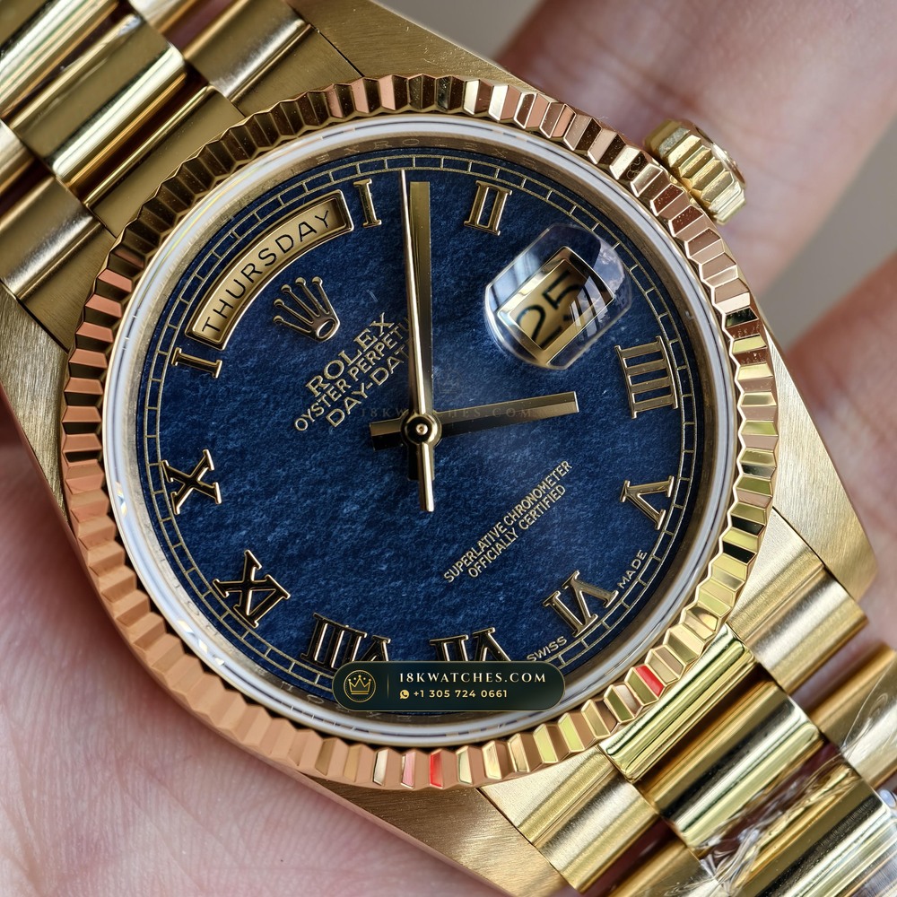 Rolex Day-Date 36 Natural Ferrite Stone Dial 18K Yellow Gold Deep Crystal Optics Ref. 18238 — Studio Gallery Plate VI in 18K Yellow Gold Au750 (141.8g Verified Mass, Rolex Manufacture Cal. 3155)