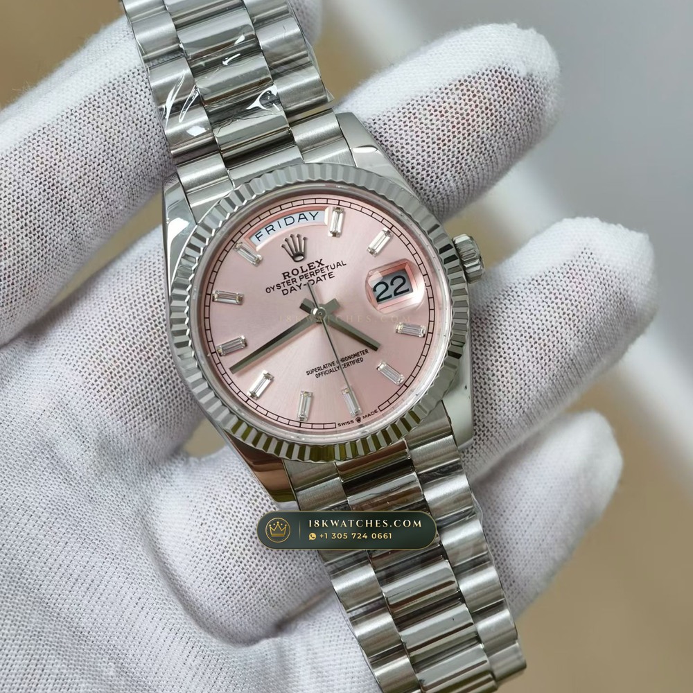 Rolex Day-Date 36 18K White Gold Ref. 128239 — Studio Gallery Plate II in 18K White Gold Au750 (183.4g Verified Mass, Rolex Manufacture Cal. 3255 - 70h Power Reserve)