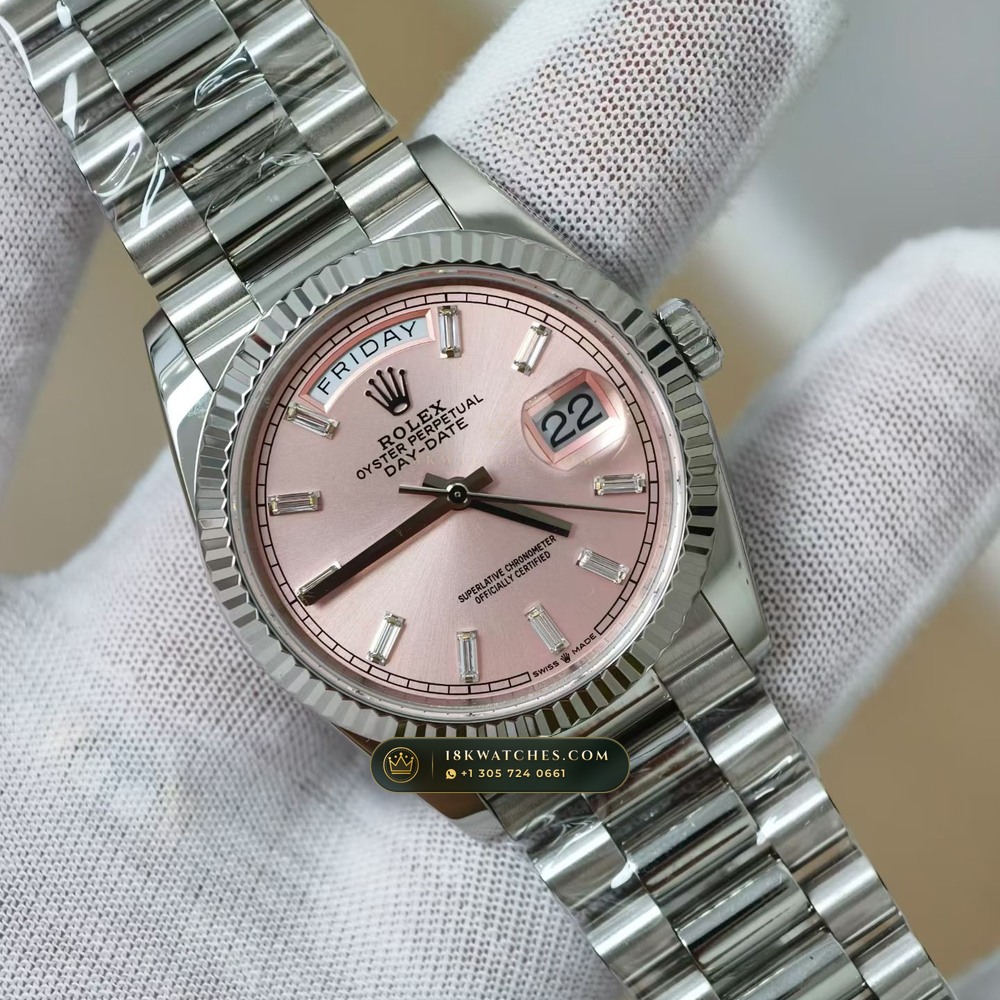 Rolex Day-Date 36 18K White Gold Ref. 128239 — Studio Gallery Plate IV in 18K White Gold Au750 (183.4g Verified Mass, Rolex Manufacture Cal. 3255 - 70h Power Reserve)