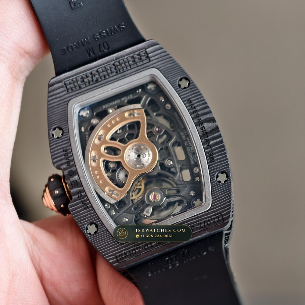 Richard Mille RM 07-01 Automatic Tonneau Misty Night Carbon TPT & Gold Leaf — Studio Gallery Plate VI in Carbon TPT & Grade 5 Titanium (58.0g Verified Mass, Richard Mille Cal. CRMA2 Variable-Geometry Rotor)