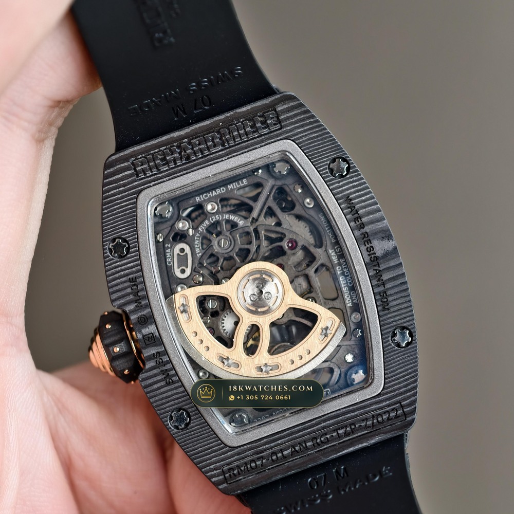 Richard Mille RM 07-01 Automatic Tonneau Misty Night Carbon TPT & Gold Leaf — Studio Gallery Plate VII in Carbon TPT & Grade 5 Titanium (58.0g Verified Mass, Richard Mille Cal. CRMA2 Variable-Geometry Rotor)