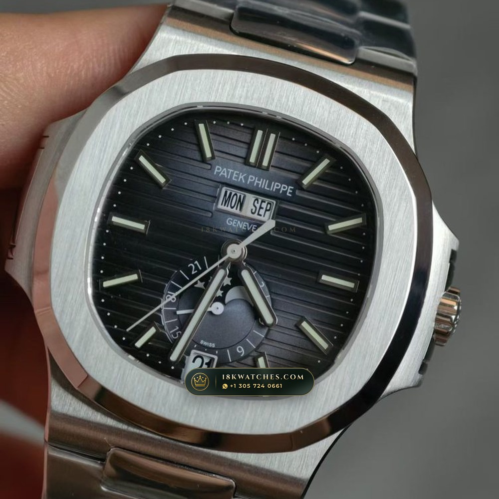 Patek Philippe Nautilus Annual Calendar Moonphase Blue Graduated Dial Ref. 5726/1A-014 — Studio Gallery Plate II in 904L Stainless Steel Custom Architecture (147.6g Verified Mass, Patek Philippe Cal. 324 S QA LU 24H - 21K Gold Rotor)